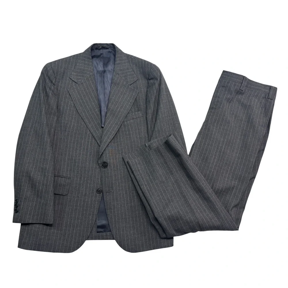 vtg 70s Gray Pinstripe 40S 36x30 USA Made 2pc Pant Suit Wool Retro Classic